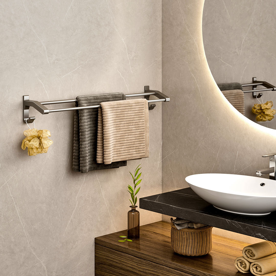 SOGA 2X 62cm Gray Wall-Mounted Double Pole Towel Holder Bathroom Organiser Rail Hanger with Hooks • LUZ-TAN1018X2