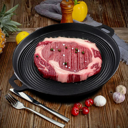 SOGA 35cm Round Ribbed Cast Iron Frying Pan Skillet Steak Sizzle Platter with Handle • LUZ-ZPai004