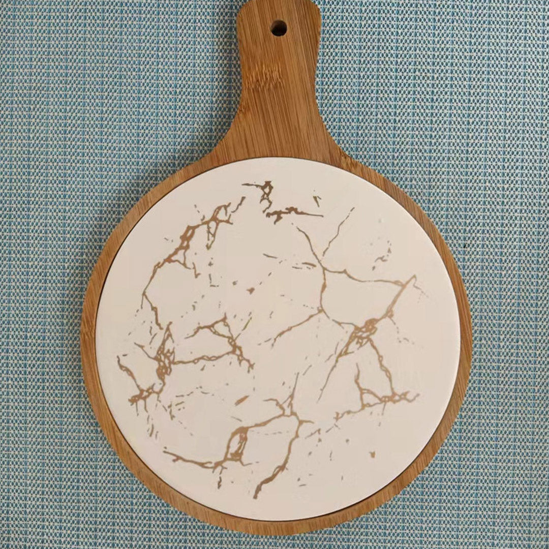 SOGA 2X 30cm White Circle Wooden Serving Tray Slate Steak Serving Platter Chopping Board Paddle Home Decor • LUZ-WodE595X2