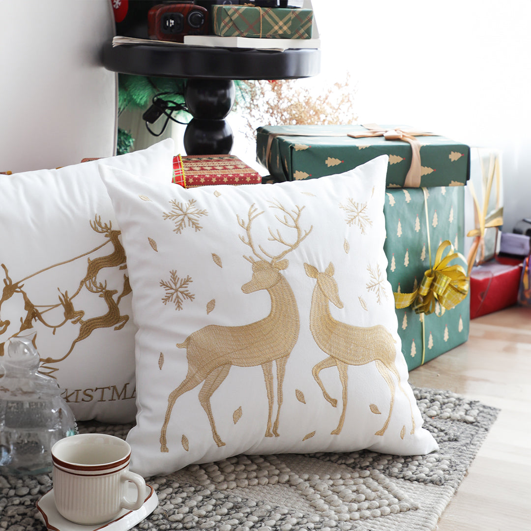 SOGA 2X 45cm Throw Pillow White with Golden Christmas Reindeer Festive Cushion for Cozy Winter Decor • LUZ-FrenchCushion268X2