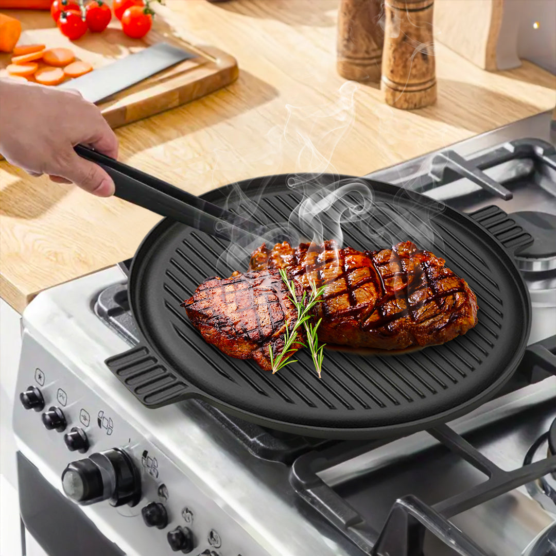 SOGA 2X 43cm Round Ribbed Cast Iron Frying Pan Skillet Steak Sizzle Platter with Handle • LUZ-ZPai002X2