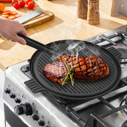 SOGA 2X 43cm Round Ribbed Cast Iron Frying Pan Skillet Steak Sizzle Platter with Handle • LUZ-ZPai002X2