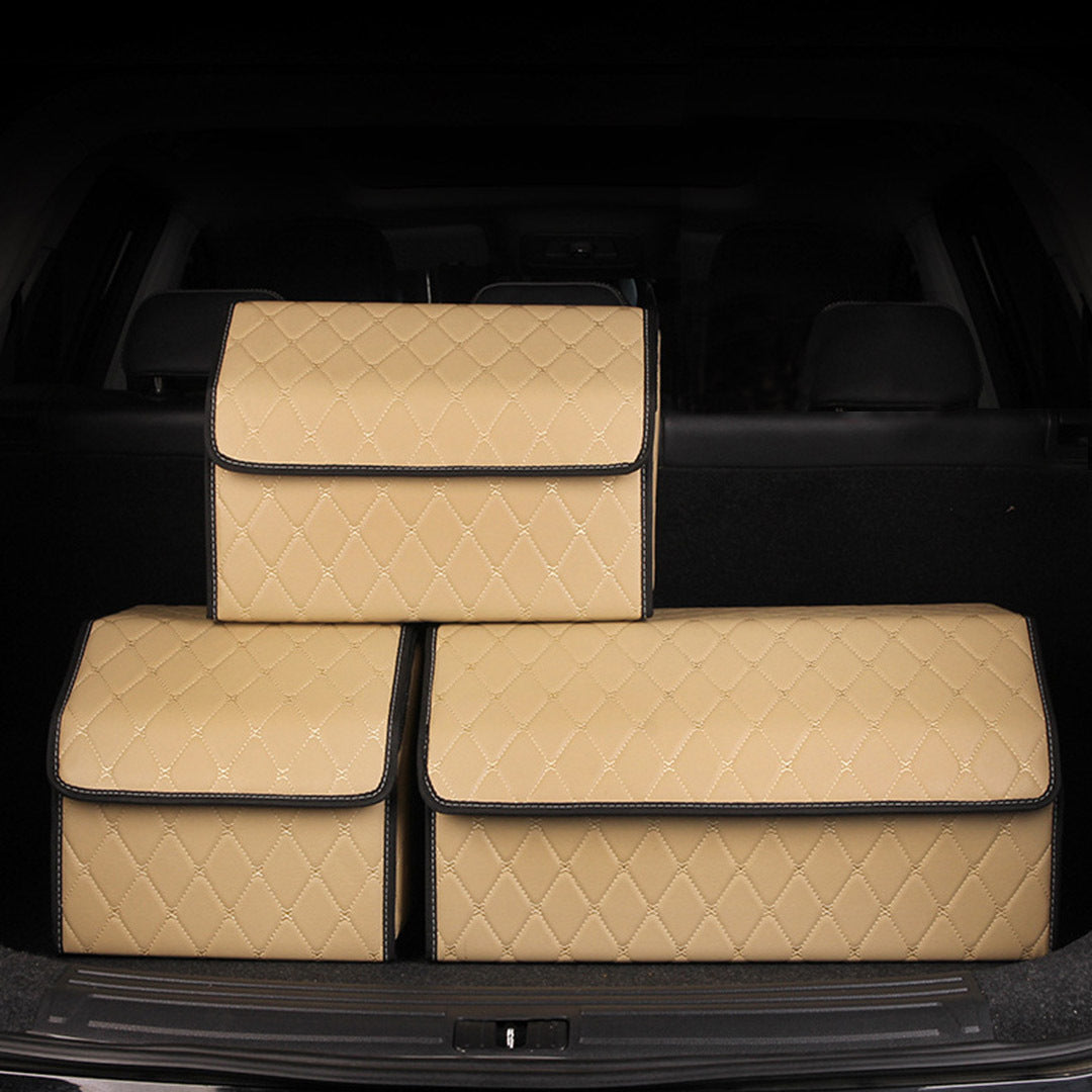 SOGA 4X Leather Car Boot Collapsible Foldable Trunk Cargo Organizer Portable Storage Box Beige/Gold Stitch Small • LUZ-StorageWHTGLDSmlX4