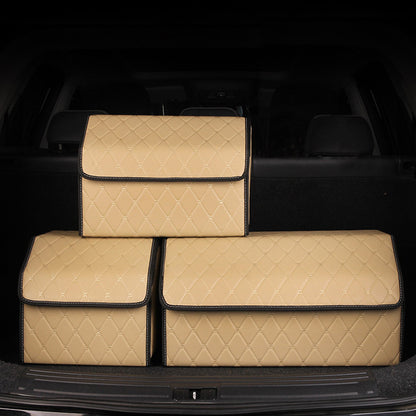 SOGA 4X Leather Car Boot Collapsible Foldable Trunk Cargo Organizer Portable Storage Box Beige/Gold Stitch Small • LUZ-StorageWHTGLDSmlX4