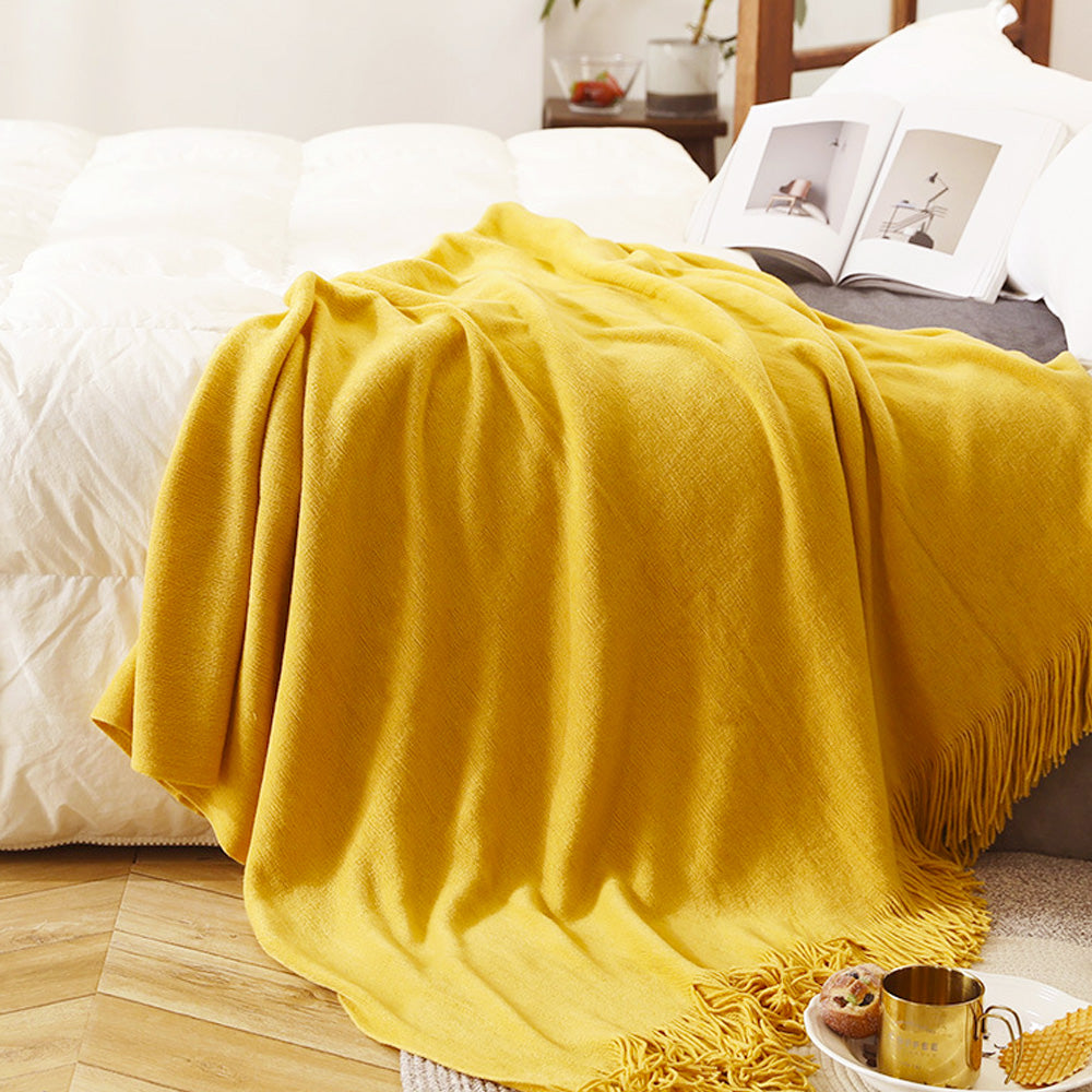 SOGA Yellow Acrylic Knitted Throw Blanket Solid Fringed Warm Cozy Woven Cover Couch Bed Sofa Home Decor • LUZ-Blanket916