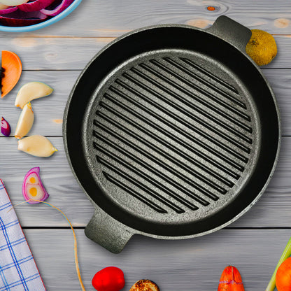 SOGA 2X 25cm Round Ribbed Cast Iron Frying Pan Skillet Steak Sizzle Platter with Handle • LUZ-ZPai001AX2