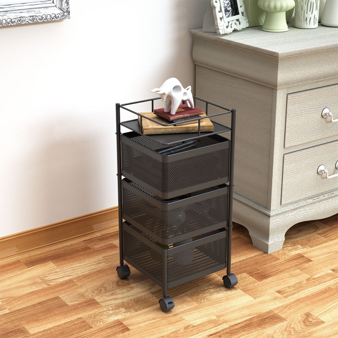 SOGA 3 Tier Steel Square Rotating Kitchen Cart Multi-Functional Shelves Portable Storage Organizer with Wheels • LUZ-KitchenXY019
