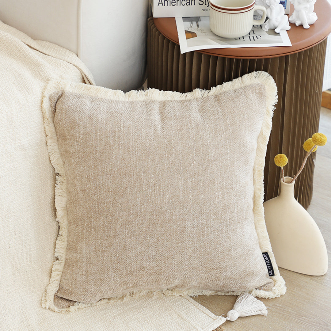 SOGA 2X 45cm Throw Pillow Latte Color Chenille Textured with Tassels Stylish Square Cozy Home Decor • LUZ-FrenchCushion278X2