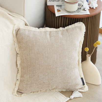 SOGA 2X 45cm Throw Pillow Latte Color Chenille Textured with Tassels Stylish Square Cozy Home Decor • LUZ-FrenchCushion278X2