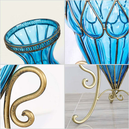 SOGA 67cm Blue Glass Tall Floor Vase and 12pcs Pink Artificial Fake Flower Set • LUZ-Vase0053BluewPinkF12