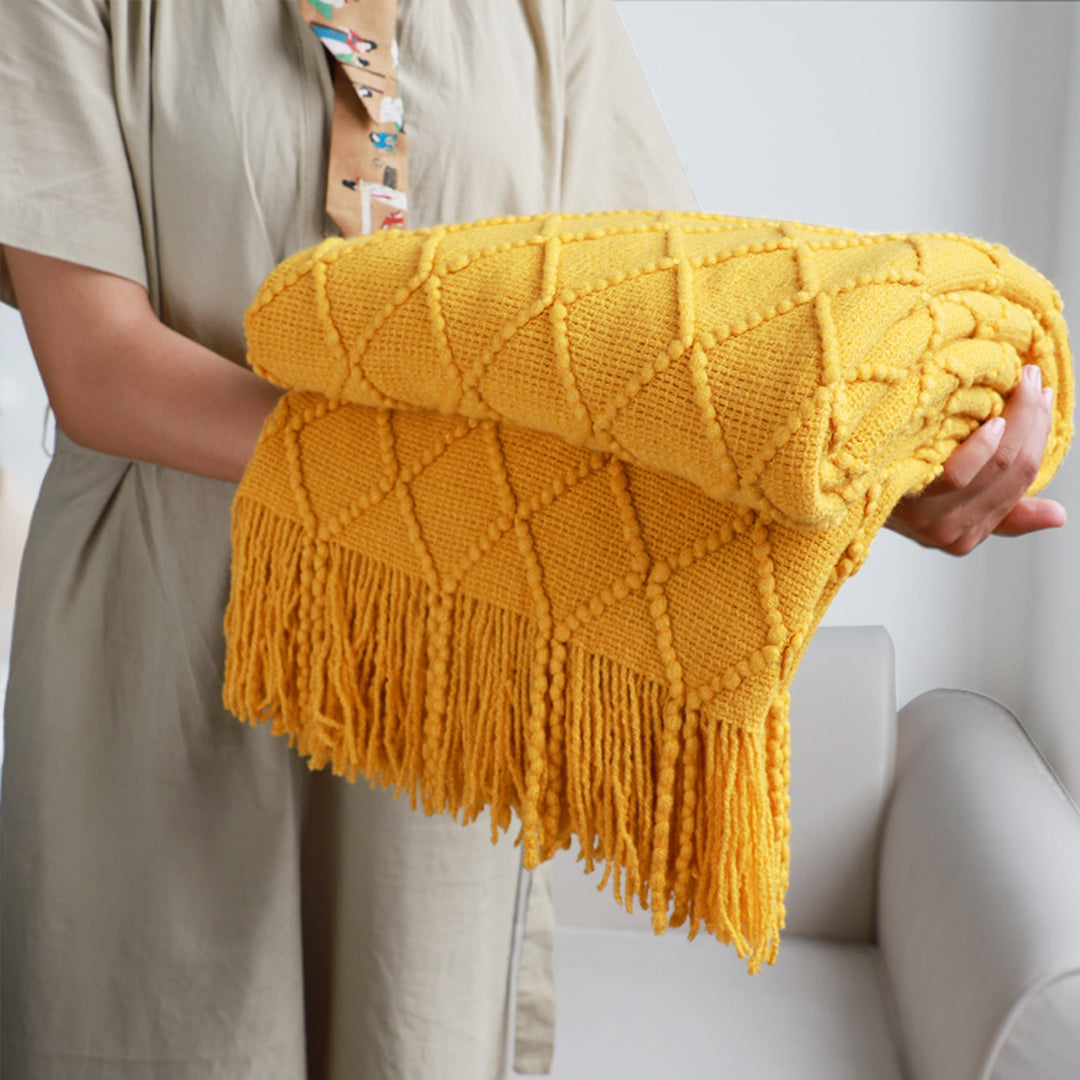 SOGA 2X Yellow Diamond Pattern Knitted Throw Blanket Warm Cozy Woven Cover Couch Bed Sofa Home Decor with Tassels • LUZ-Blanket901X2