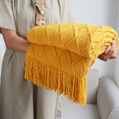 SOGA 2X Yellow Diamond Pattern Knitted Throw Blanket Warm Cozy Woven Cover Couch Bed Sofa Home Decor with Tassels • LUZ-Blanket901X2