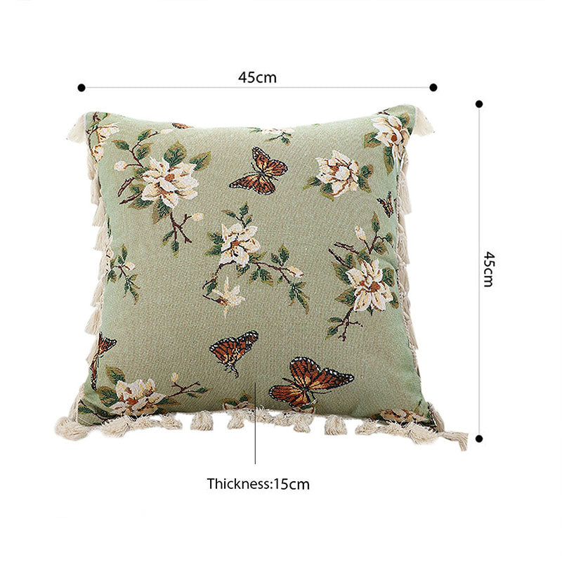 SOGA 2X 45cm Matcha Green French Vintage Butterfly Loves Flowers Tassel Throw pillow • LUZ-FrenchCushion249X2