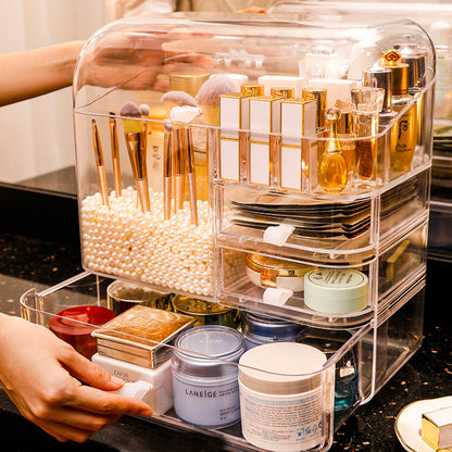 SOGA Transparent Cosmetic Storage Box Clear Makeup Skincare Holder with Lid Drawers Waterproof  Dustproof Organiser with Pearls • LUZ-BathC108