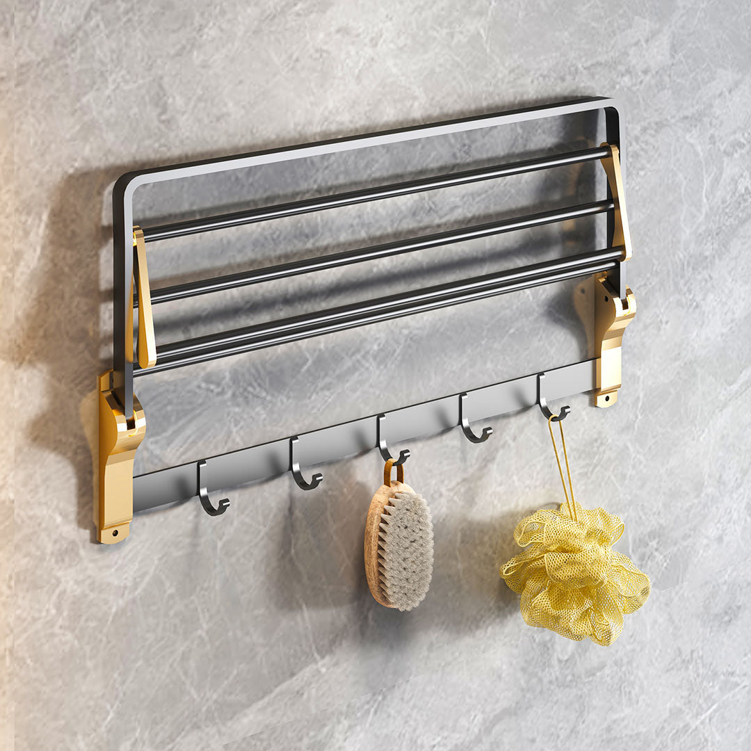 SOGA 63cm Wall-Mounted Double Pole Towel Holder Bathroom Organiser Rail Hanger with Hooks • LUZ-TAN1011