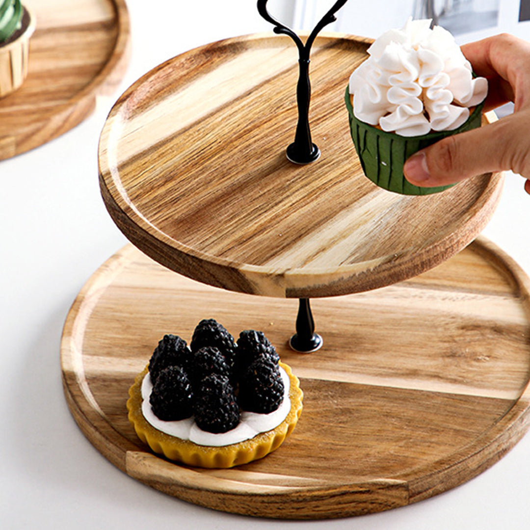 SOGA 2X 20cm 2 Tier Brown  Round Wooden Acacia  Dessert Tray Cake Snacks Cupcake Stand Buffet Serving Countertop Decor • LUZ-WodC238X2