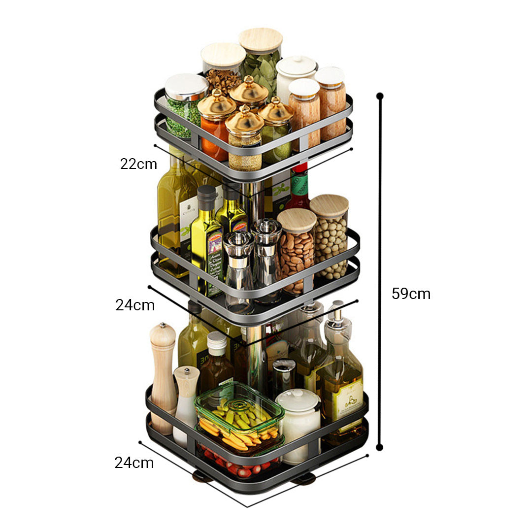 SOGA 2X 3 Tier Steel Black Square Rotating Multi-Function Kitchen Portable Storage Spice Seasoning Kitchen Countertop Organiser Shelf • LUZ-KitchenXY054X2