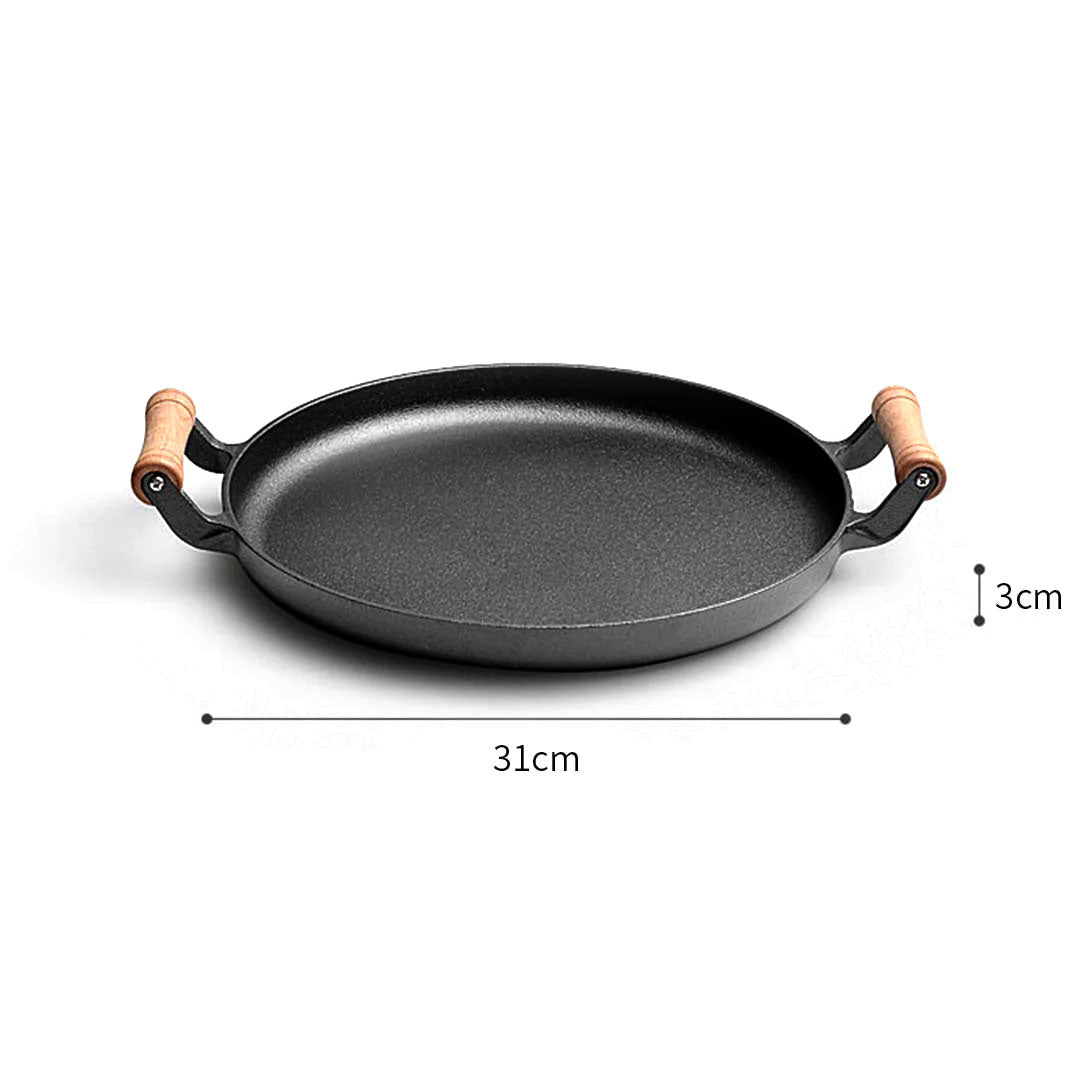 SOGA 2X 31cm Cast Iron Frying Pan Skillet Steak Sizzle Fry Platter With Wooden Handle No Lid • LUZ-ZPaiB9X2