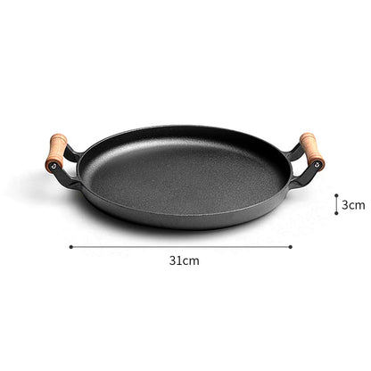 SOGA 2X 31cm Cast Iron Frying Pan Skillet Steak Sizzle Fry Platter With Wooden Handle No Lid • LUZ-ZPaiB9X2
