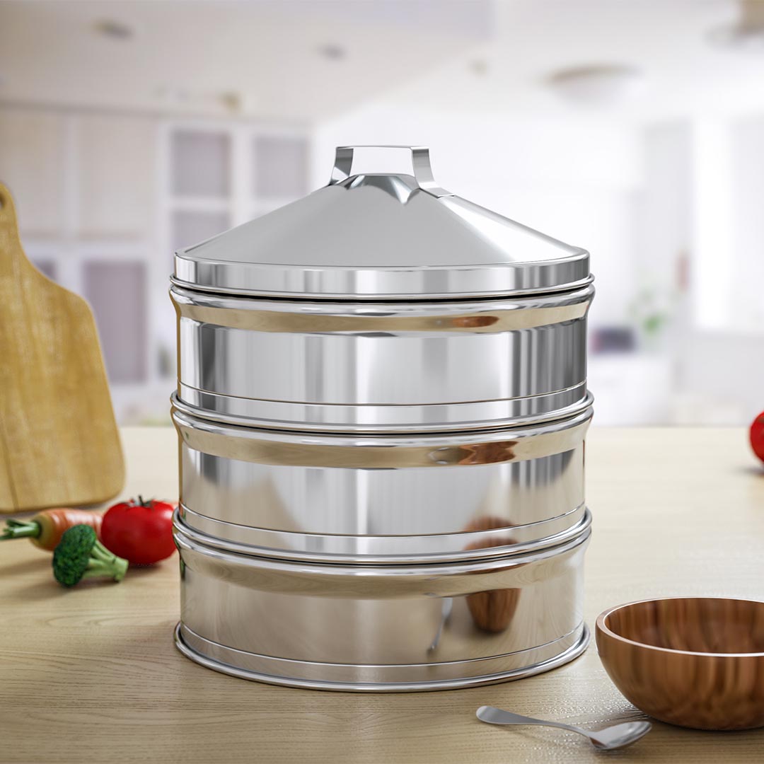 SOGA 2X 3 Tier Stainless Steel Steamers With Lid Work inside of Basket Pot Steamers 28cm • LUZ-Steamer28CM2321-3X2
