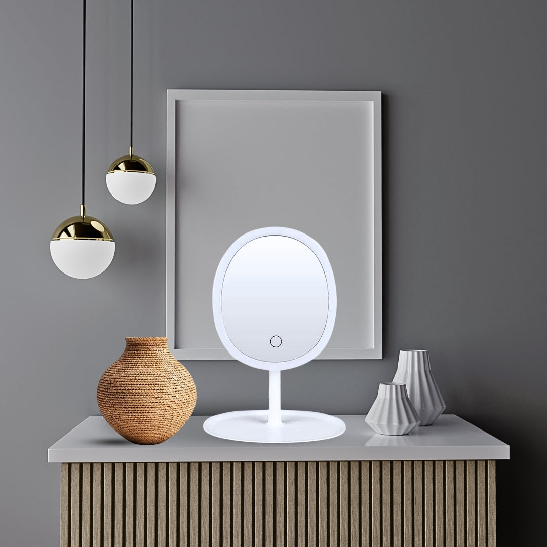 SOGA 26cm White Oval Smart LED Makeup Bedroom Table Vanity Mirror Tricolor Adjustable Light LUZ-MirrorE10