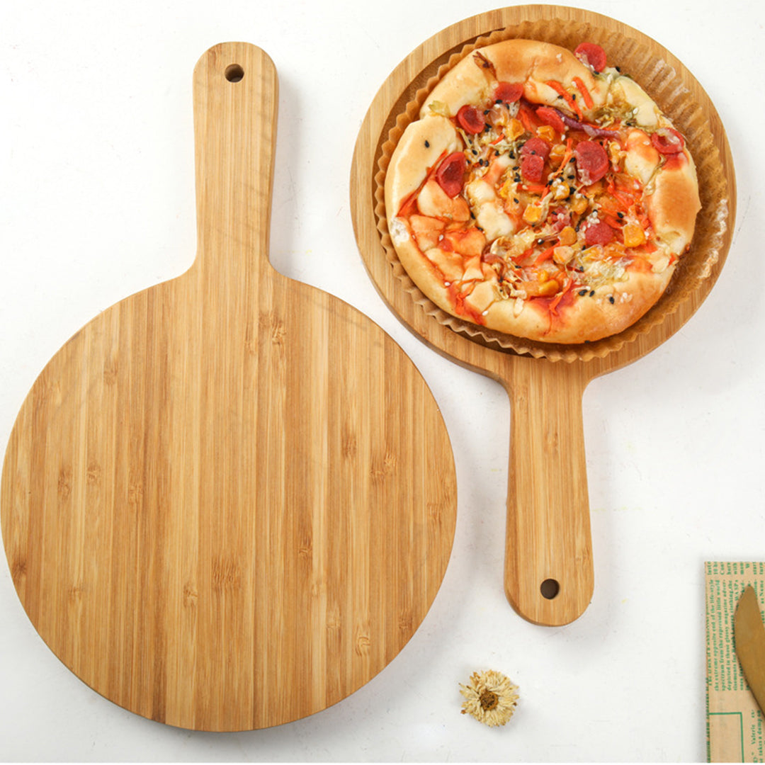 SOGA 2X 11 inch Blonde Round Premium Wooden Serving Tray Board Paddle with Handle Home Decor • LUZ-WodE506X2