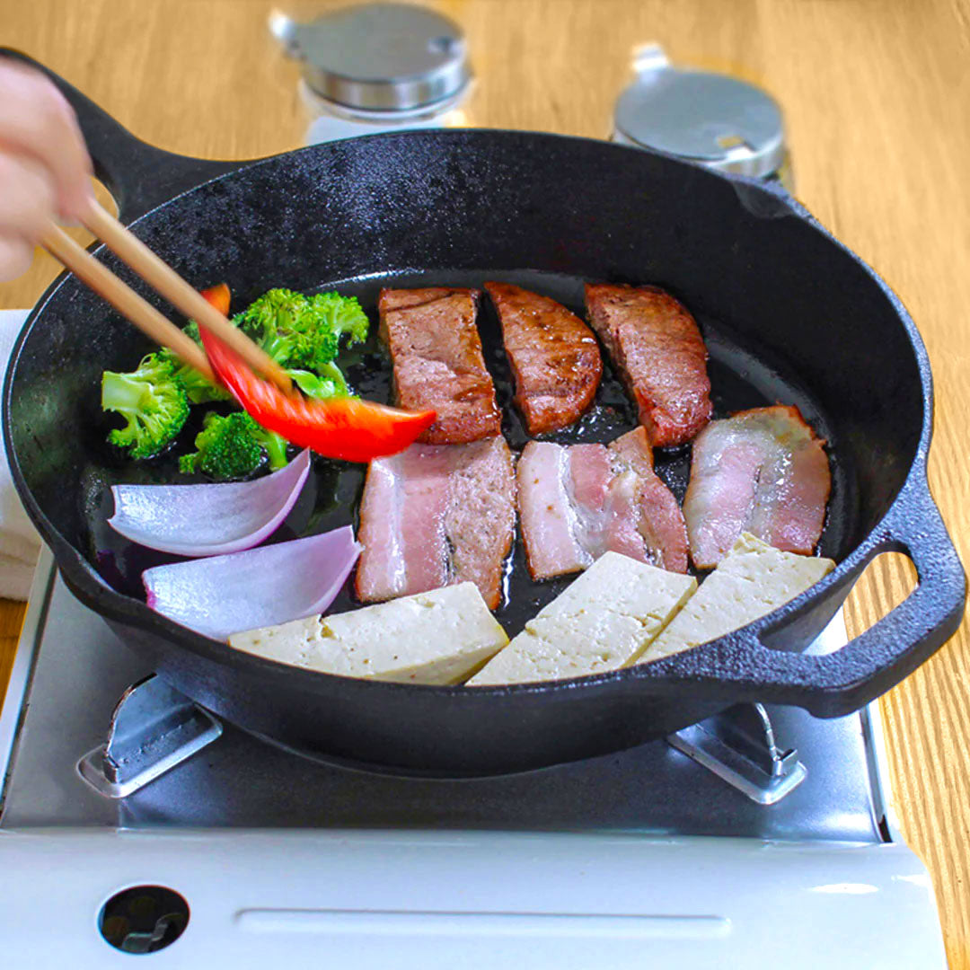 SOGA 2X 30cm Round Cast Iron Frying Pan Skillet Steak Sizzle Platter with Helper Handle • LUZ-ZPai008X2