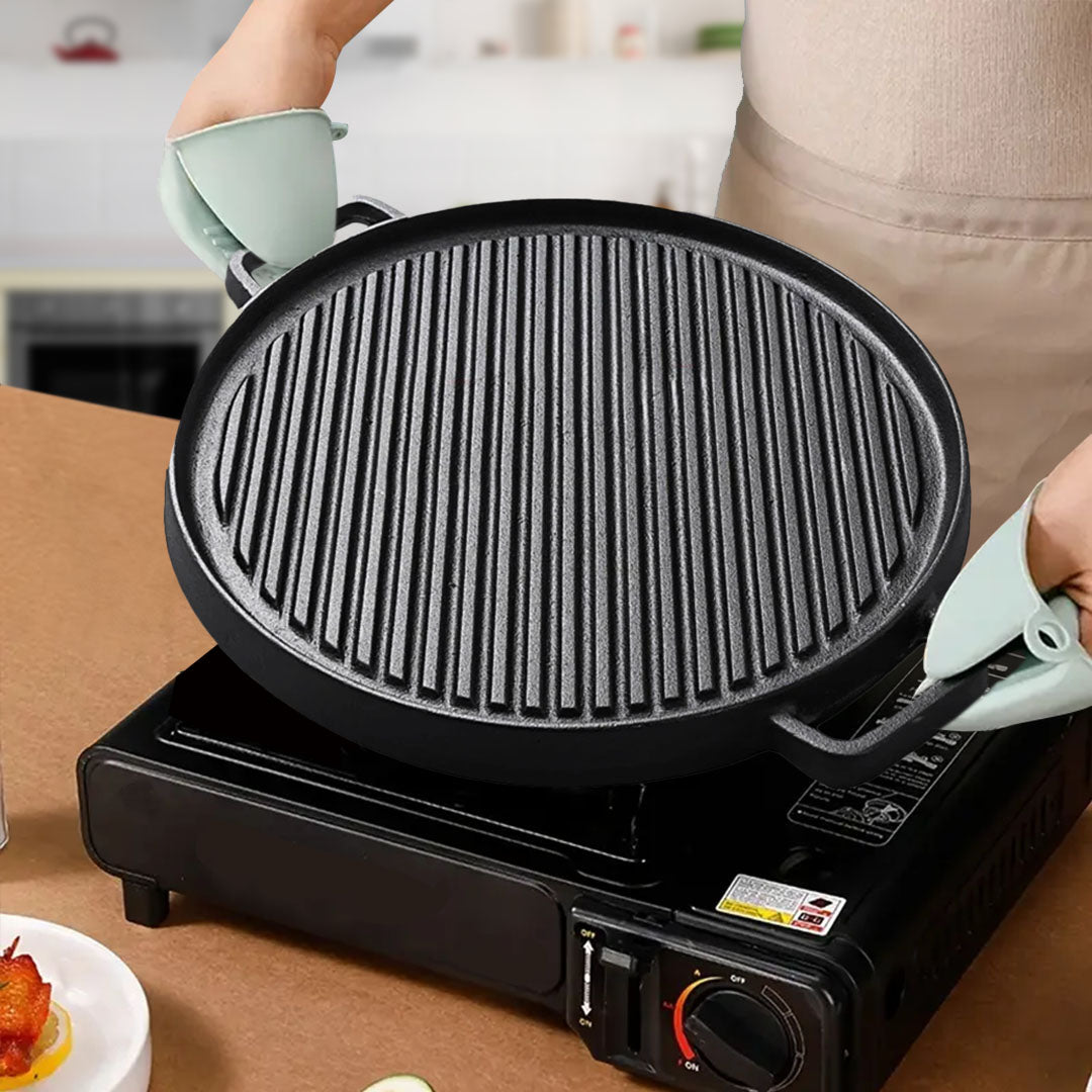 SOGA 30cm Round Cast Iron Ribbed BBQ Pan Skillet Steak Sizzle Platter with Handle • LUZ-ZPai042