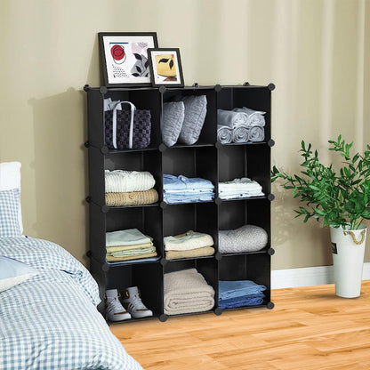 SOGA 4 Tier 12-Cube Black Portable Wardrobe Divide-Grid Modular Storage Organiser Foldable Closet • LUZ-Wrobe1768