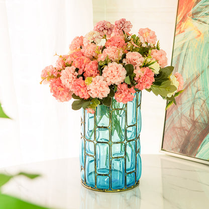 SOGA Blue Colored European Glass Cylinder Flower Vase with Gold Metal Pattern • LUZ-HO-VaseYG3264