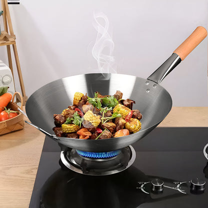 SOGA 40cm Stainless Steel Kitchen Cooking Wok with Wood Handle • LUZ-WokHandle40