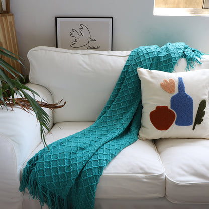 SOGA 2X Teal Diamond Pattern Knitted Throw Blanket Warm Cozy Woven Cover Couch Bed Sofa Home Decor with Tassels • LUZ-Blanket923X2