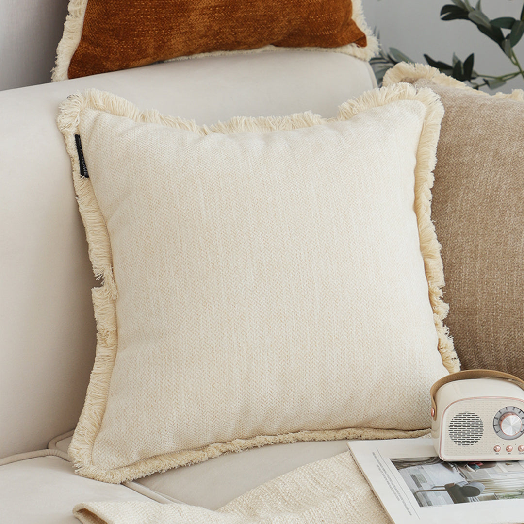 SOGA 45cm Throw Pillow White Chenille Textured with Tassels Stylish Square Cozy Home Decor LUZ-FrenchCushion277