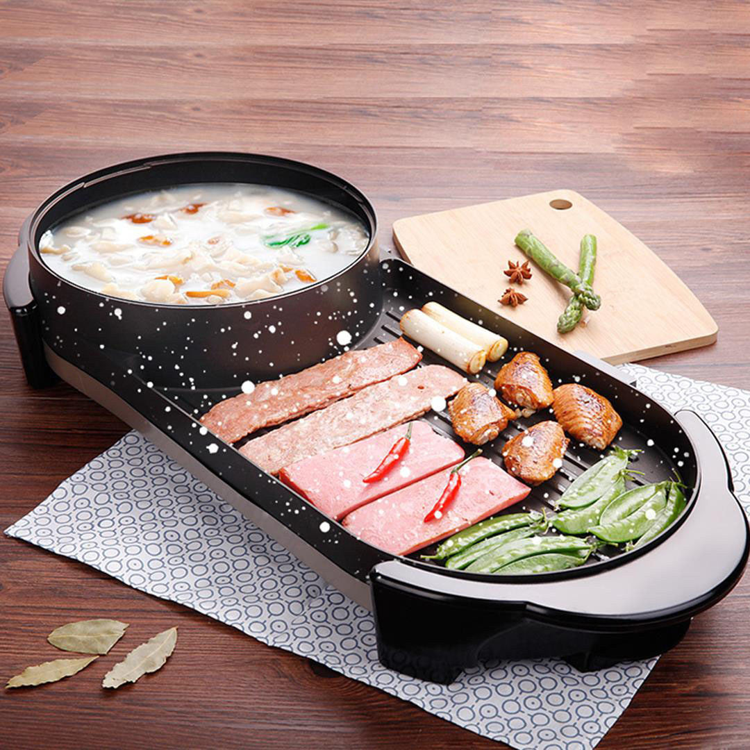 SOGA 2X 2  in 1 Electric Non-Stick BBQ Teppanyaki Grill Plate Steamboat Hotpot 2-8 Person • LUZ-SteamboatHotPotandGrillLongX2