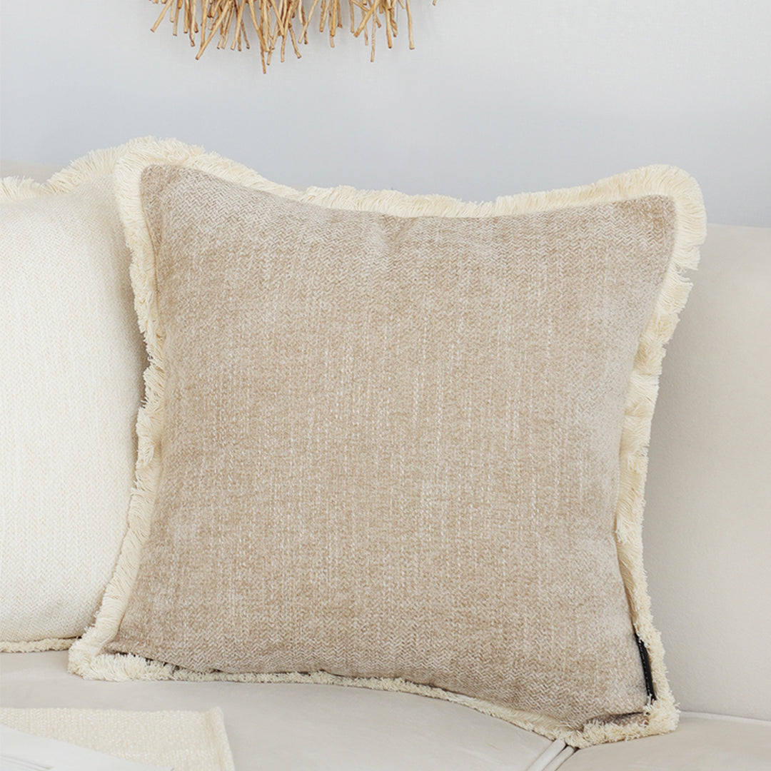 SOGA 45cm Throw Pillow Latte Color Chenille Textured with Tassels Stylish Square Cozy Home Decor LUZ-FrenchCushion278