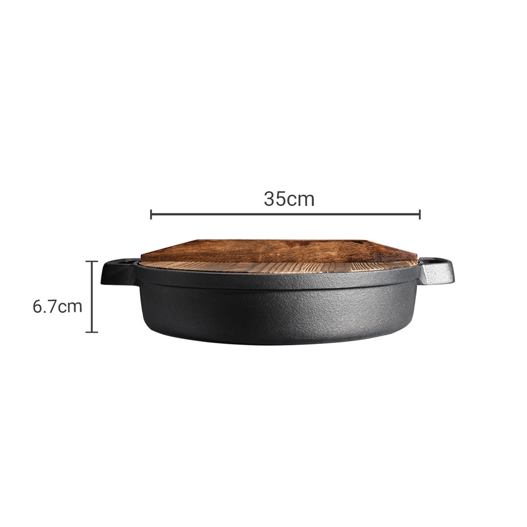 SOGA 2X 35cm Round Cast Iron Pre-seasoned Deep Baking Pizza Frying Pan Skillet with Wooden Lid • LUZ-ZPaiC4X2
