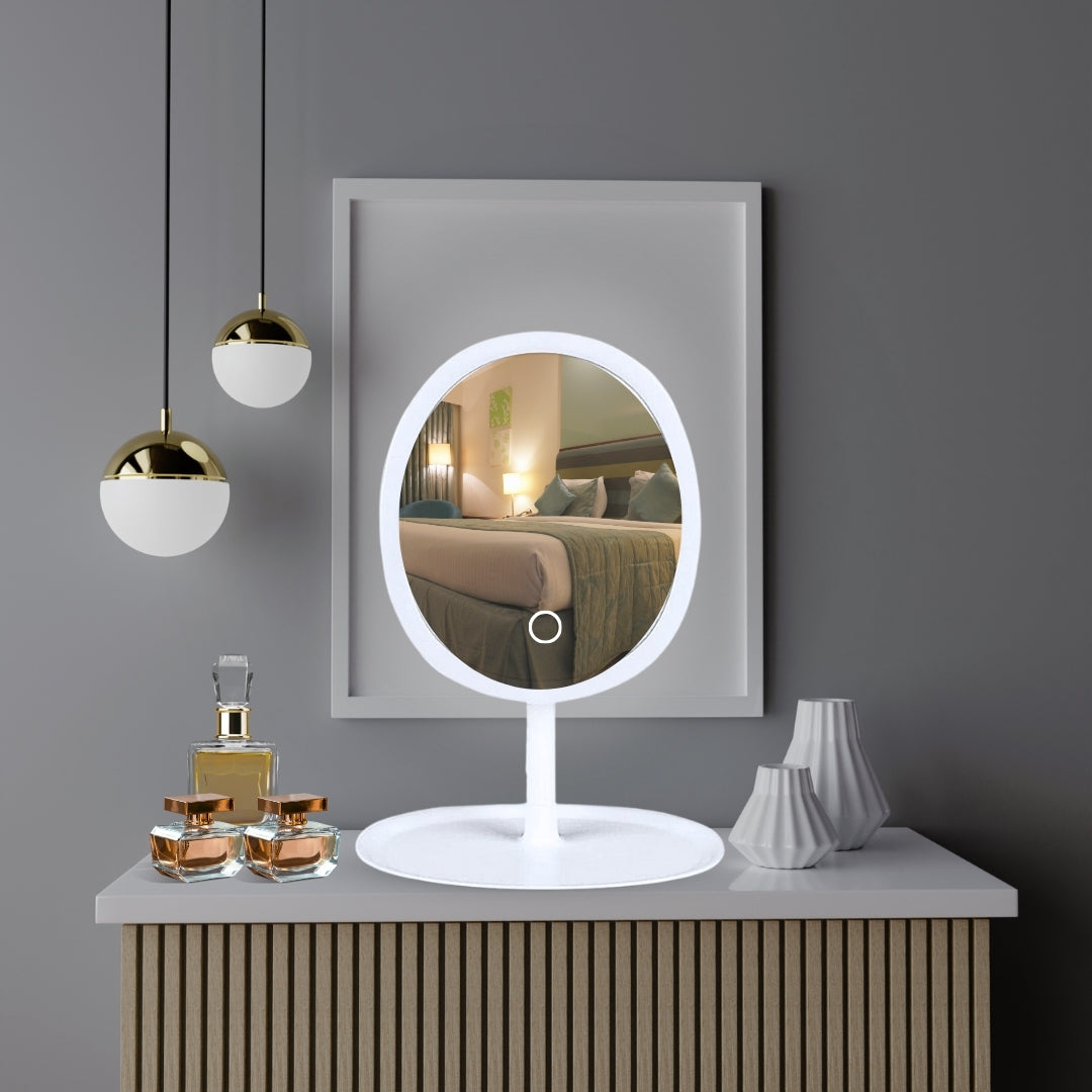 SOGA 26cm White Oval Smart LED Makeup Bedroom Table Vanity Mirror Tricolor w/ 5x Magnification LUZ-MirrorE11