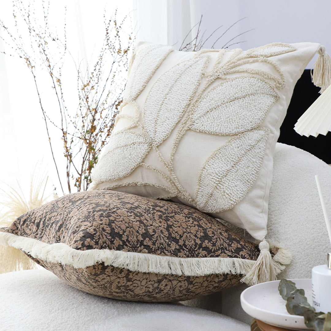 SOGA 2X 45cm Wabi-sabi Cream Flower Cover & Beige Velvet Leaf Ring Square Throw Pillow • LUZ-FrenchCushion232X2