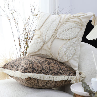 SOGA 2X 45cm Wabi-sabi Cream Flower Cover & Beige Velvet Leaf Ring Square Throw Pillow • LUZ-FrenchCushion232X2