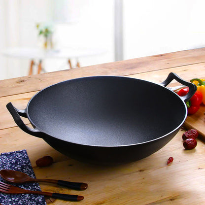 SOGA 2X 32cm Commercial Cast Iron Wok FryPan Fry Pan with Double Handle • LUZ-ZPai013AX2