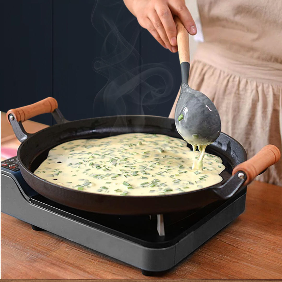 SOGA 35cm Cast Iron Frying Pan Skillet Steak Sizzle Fry Platter With Wooden Handle No Lid • LUZ-ZPaiB8