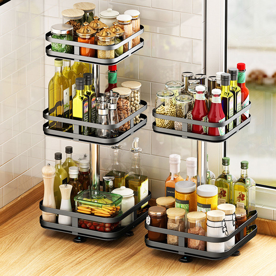 SOGA 2X 3 Tier Steel Black Square Rotating Multi-Function Kitchen Portable Storage Spice Seasoning Kitchen Countertop Organiser Shelf • LUZ-KitchenXY054X2