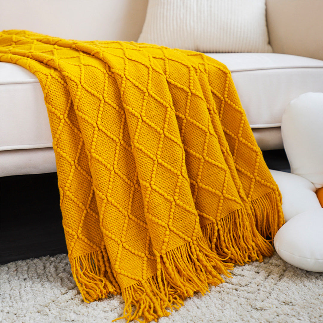 SOGA Yellow Diamond Pattern Knitted Throw Blanket Warm Cozy Woven Cover Couch Bed Sofa Home Decor with Tassels • LUZ-Blanket901