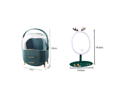 SOGA Green Cosmetic Jewelry Storage Organiser with Antler LED Light Mirror Tabletop Vanity Set • LUZ-BathC110-G534