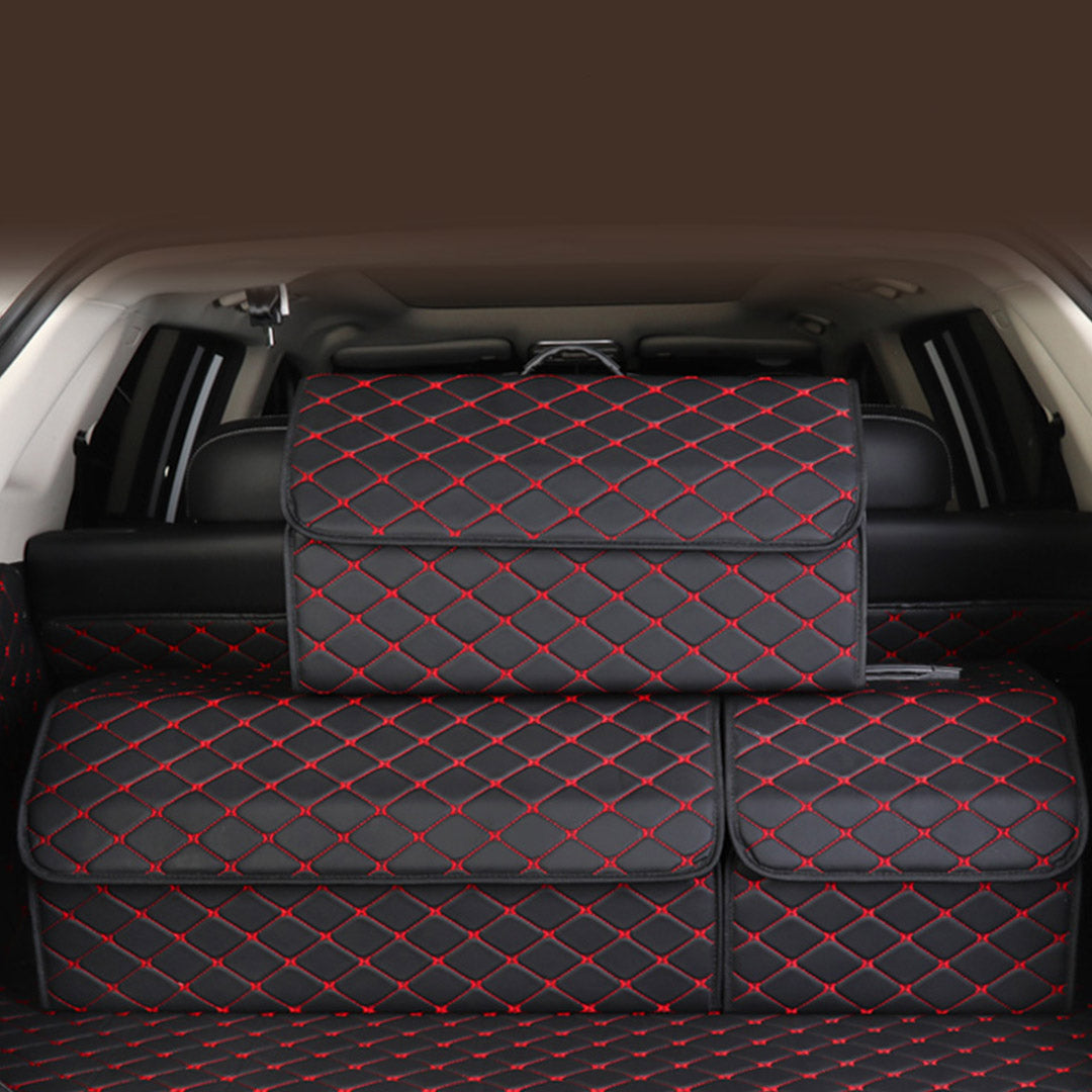SOGA 2X Leather Car Boot Collapsible Foldable Trunk Cargo Organizer Portable Storage Box Black/Red Stitch Large • LUZ-StorageBLKREDLgeX2