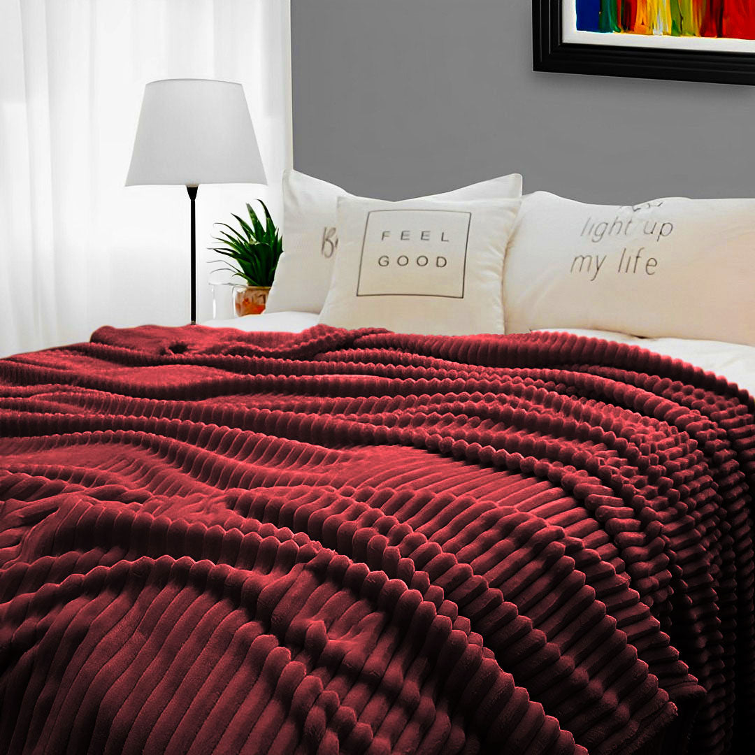 SOGA 2X Burgundy Throw Blanket Warm Cozy Striped Pattern Thin Flannel Coverlet Fleece Bed Sofa Comforter • LUZ-Blanket318X2