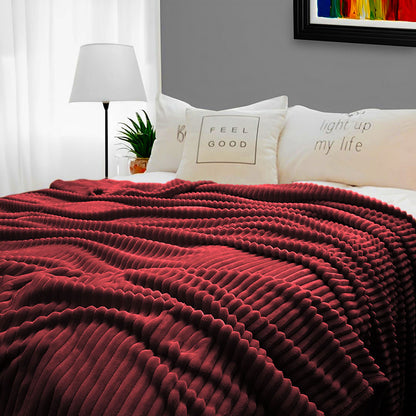SOGA 2X Burgundy Throw Blanket Warm Cozy Striped Pattern Thin Flannel Coverlet Fleece Bed Sofa Comforter • LUZ-Blanket318X2