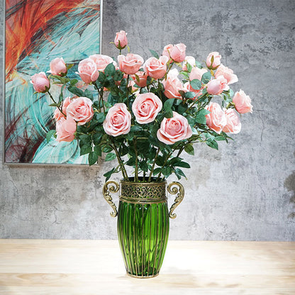 SOGA Green Glass Flower Vase with 8 Bunch 5 Heads Artificial Fake Silk Rose Home Decor Set • LUZ-YG8038G-F009