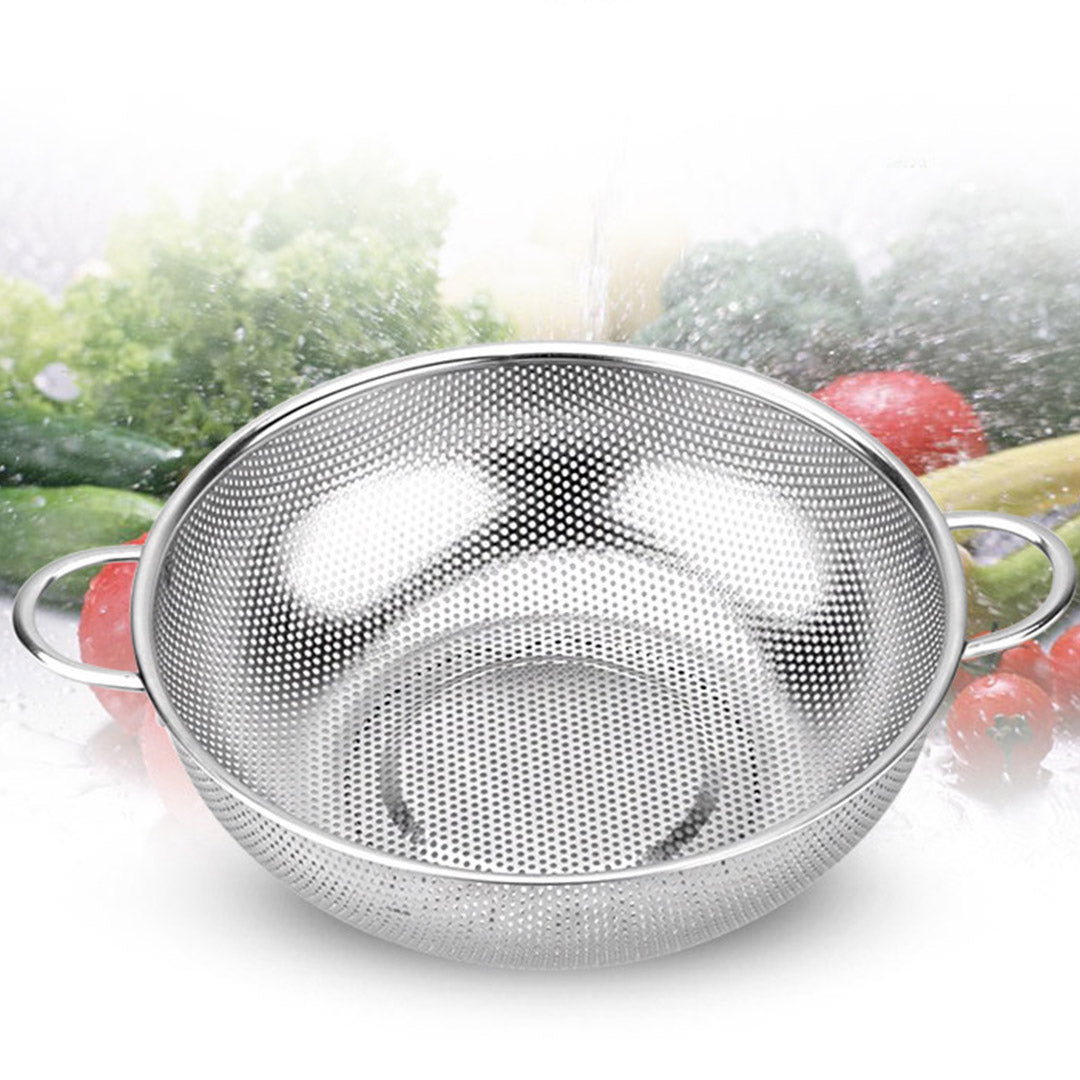 SOGA Stainless Steel Perforated Metal Colander Set Food Strainer Basket Mesh Net Bowl with 2 Handle • LUZ-ColanderBowlSet
