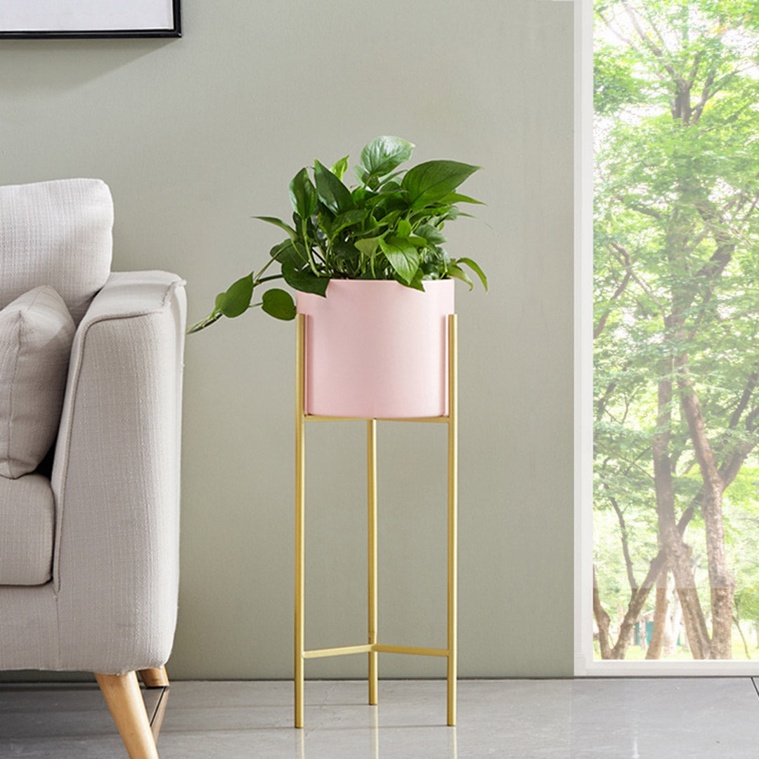 SOGA 2X 2 Layer 42cm Gold Metal Plant Stand with Pink Flower Pot Holder Corner Shelving Rack Indoor Display LUZ-FPotH45PNKX2